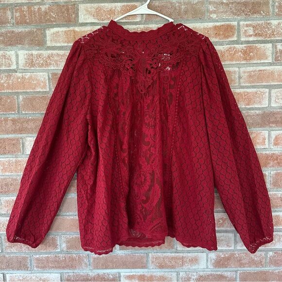 Torrid Mixed Lace High Neck Blouse Women’s 2 2XL Red Long Sleeves NEW - Picture 2 of 12